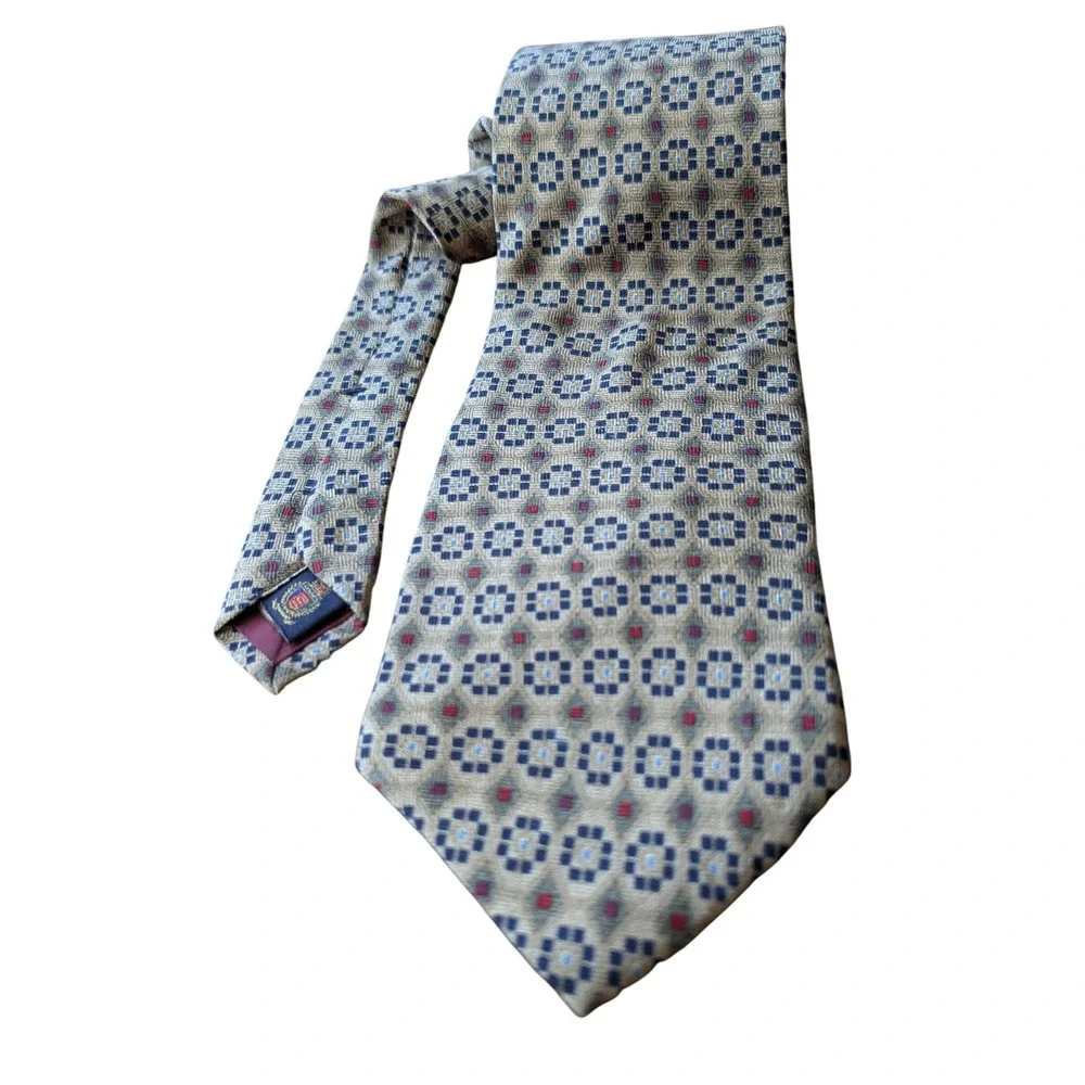 VTG Chaps‎ Ralph Lauren Men's Silk Necktie Geometric Pattern Tan Blue Red